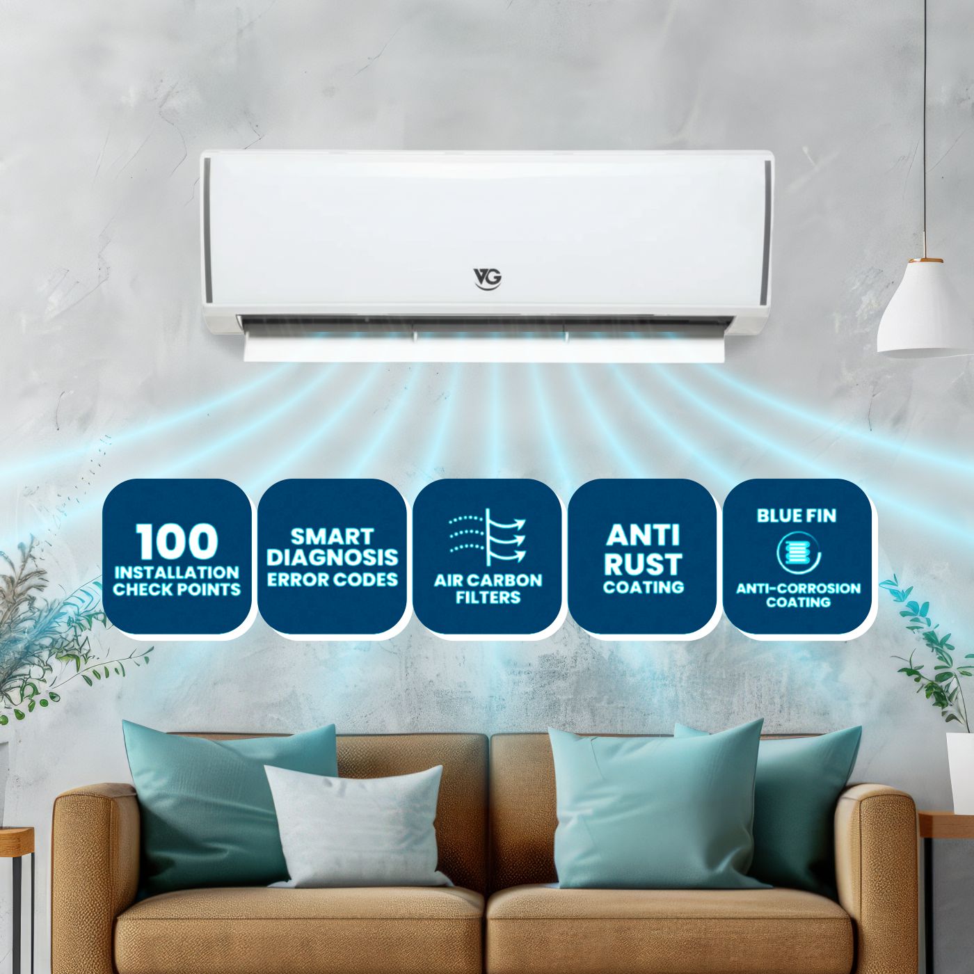 VG | 1 Ton Split Air Conditioner with 100% Copper Condenser, 4-Way Air Deflection, Smart Diagnosis | 10 Year Compressor Warranty