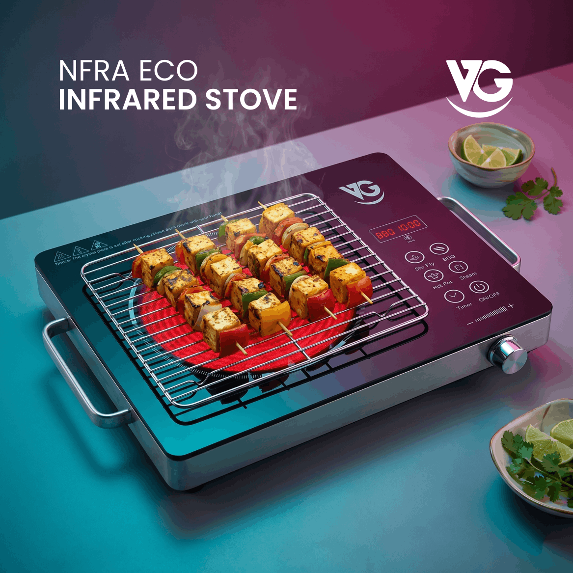 VG NFRA ECO Infrared Stove | 2200W Infrared Cooktop | Touch Panel & Temperature Control Knob | Grill Rack Included | Energy Efficient Infrared Cooker