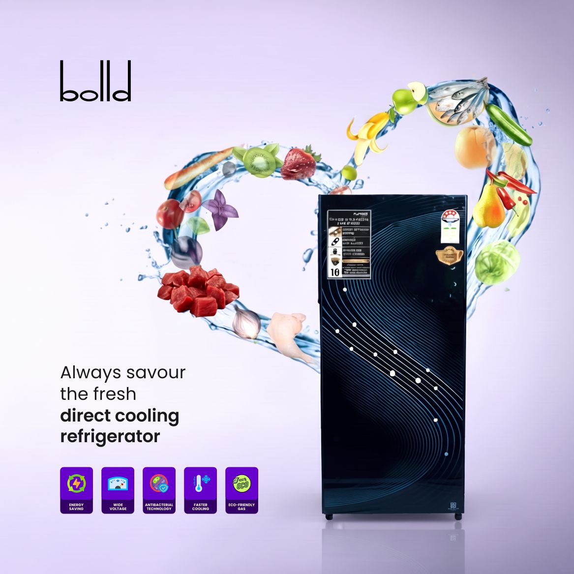 Bolld Direct Cooling Single Door Refrigerator with Toughened Glass Shelves, Antibacterial Gasket, Extra Storage & Wide Voltage Support