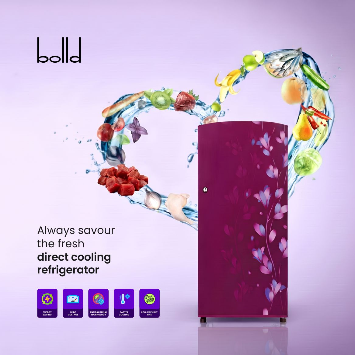 Bolld Direct Cooling Single Door Refrigerator with Toughened Glass Shelves, Antibacterial Gasket, Extra Storage & Wide Voltage Support