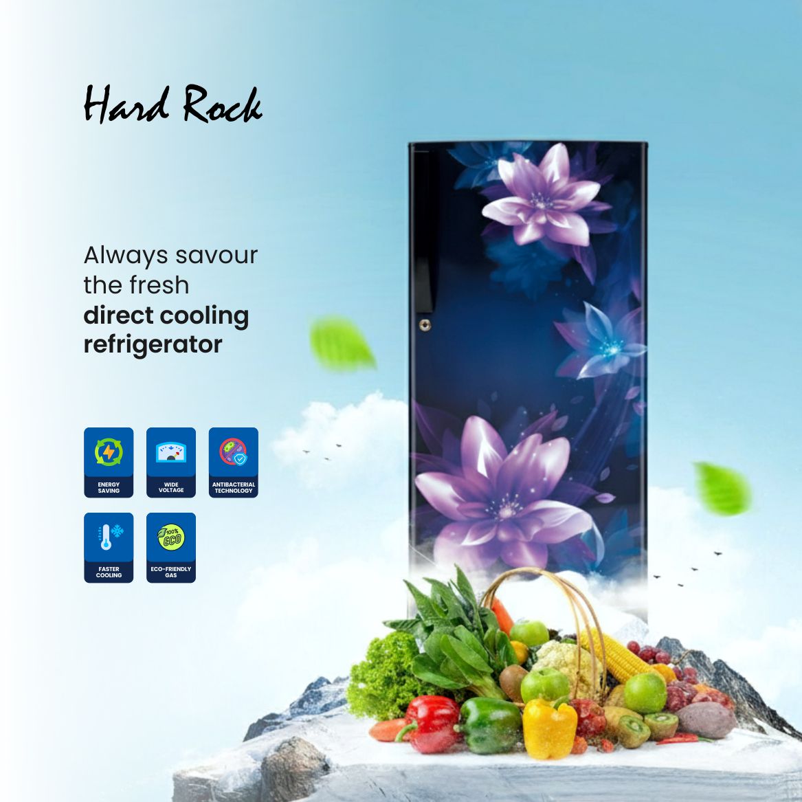 Hardrock Direct Cooling Single Door Refrigerator with Toughened Glass Shelves, Antibacterial Gasket, Extra Storage & Wide Voltage Support