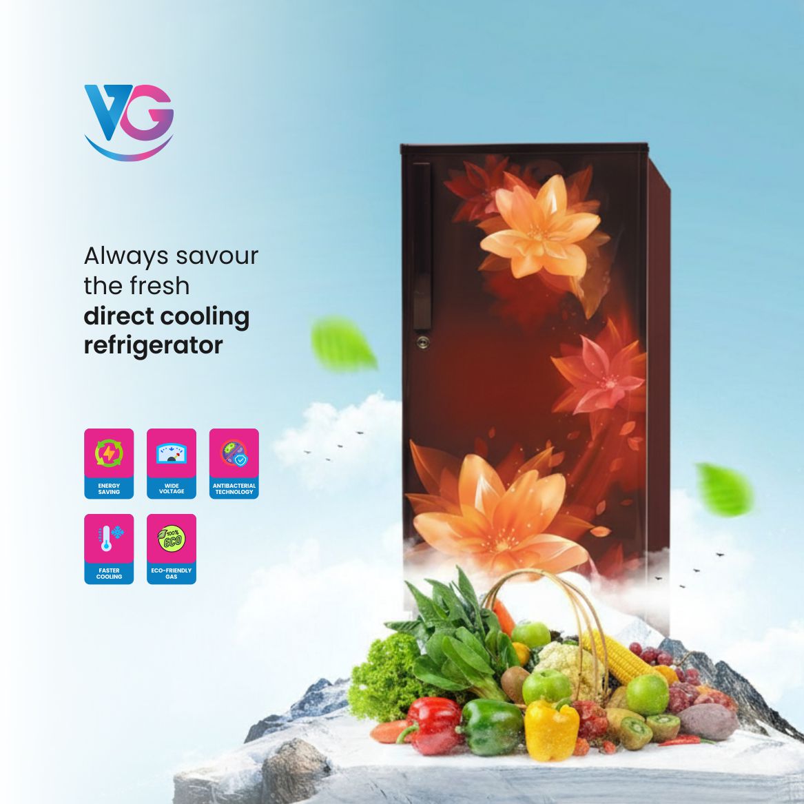 VG Direct Cooling Single Door Refrigerator with Toughened Glass Shelves, Antibacterial Gasket, Extra Storage & Wide Voltage Support