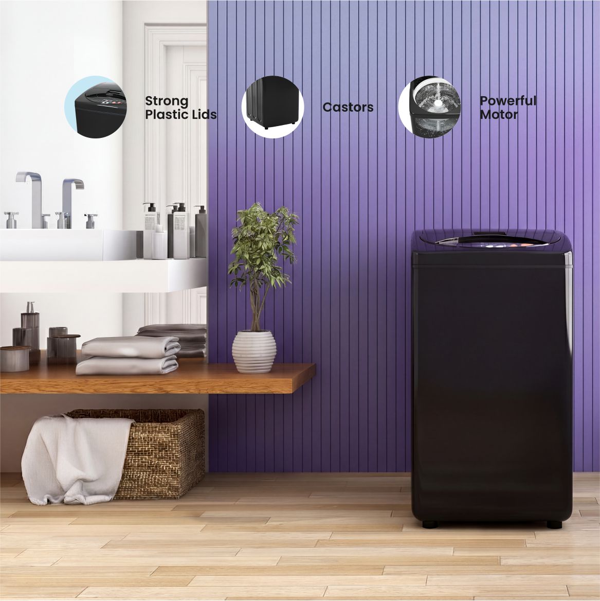Bolld 6.5 Kg Fully Automatic Top Load Washing Machine, 135W Motor, 43L Tub, 4 Wash Programs, Black